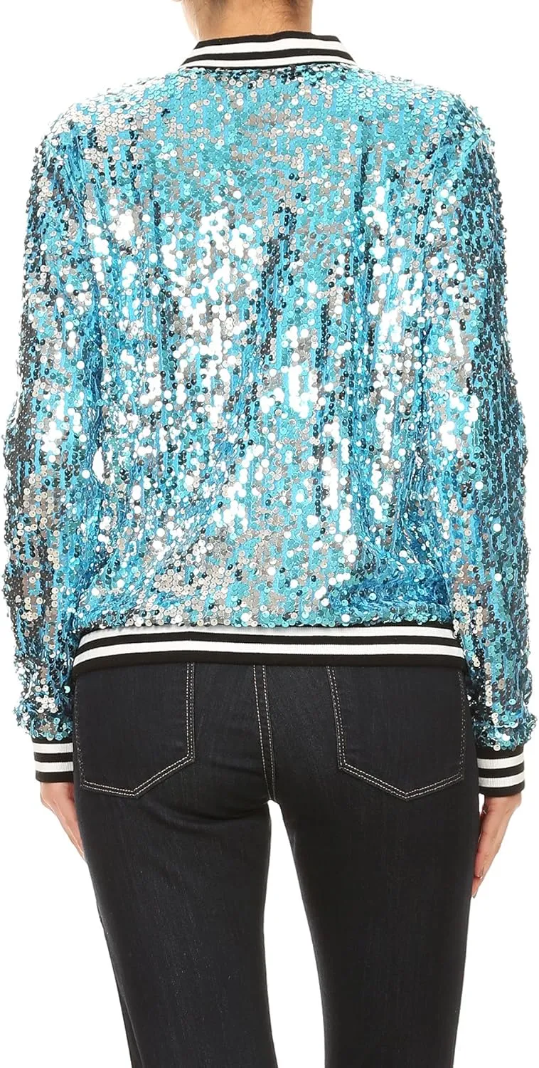 Anna-Kaci Womens Sequin Jacket Bomber Coat 1989 Slitter Outfit For Concert Party, Blue, Large