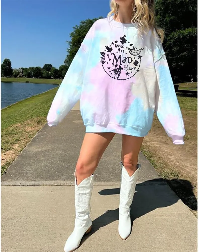 ASTANFY Alice in Wonderland Sweatshirt Women Vintage Mad Hatter Shirt Magic Kingdom Pullover Vacation Long Sleeve Tops