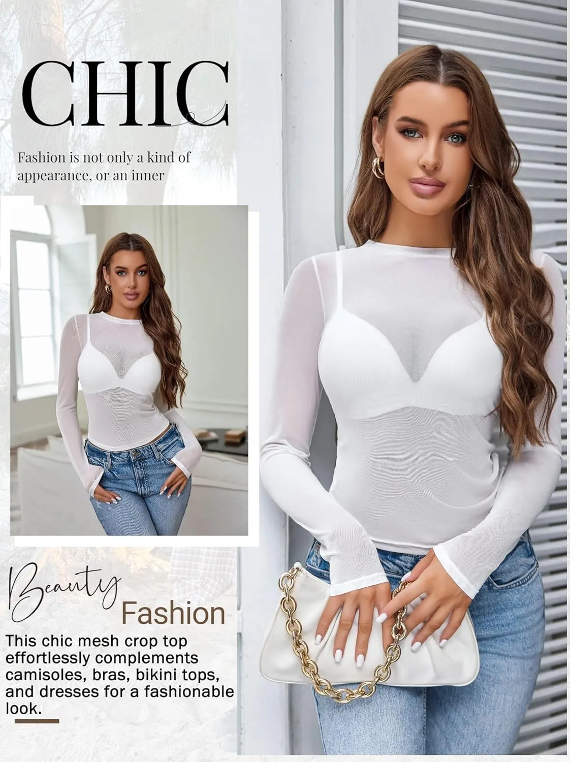Avidlove Mesh Top for Women Long Sleeve Round Neck Tee Shirt See Through Sheer Blouse Back Hollow Drawstring Slim Fit Shirt