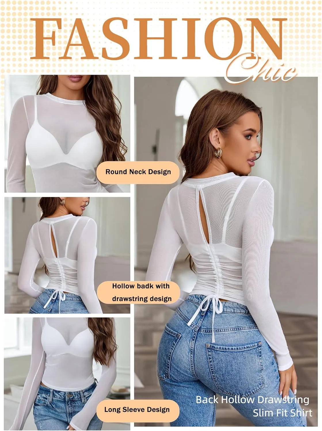Avidlove Mesh Top for Women Long Sleeve Round Neck Tee Shirt See Through Sheer Blouse Back Hollow Drawstring Slim Fit Shirt