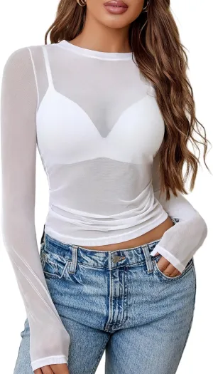 Avidlove Mesh Top for Women Long Sleeve Round Neck Tee Shirt See Through Sheer Blouse Back Hollow Drawstring Slim Fit Shirt