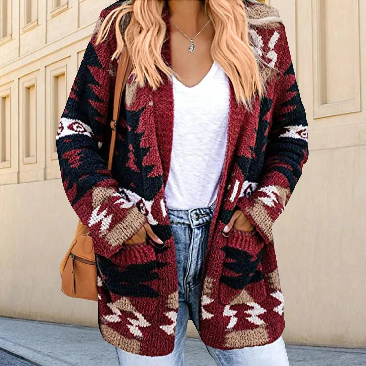 Aztec Cardigan Sweater for Women Long Sleeve Open Front Cardigan Jacket Vintage Western Ethnic Fall Knit Sweater Coat