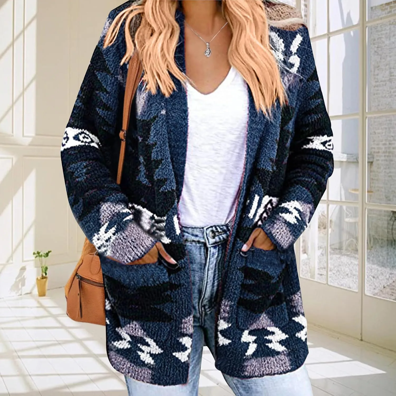 Aztec Cardigan Sweater for Women Long Sleeve Open Front Cardigan Jacket Vintage Western Ethnic Fall Knit Sweater Coat
