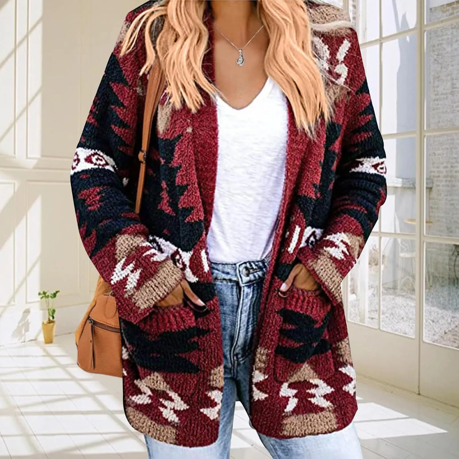 Aztec Cardigan Sweater for Women Long Sleeve Open Front Cardigan Jacket Vintage Western Ethnic Fall Knit Sweater Coat