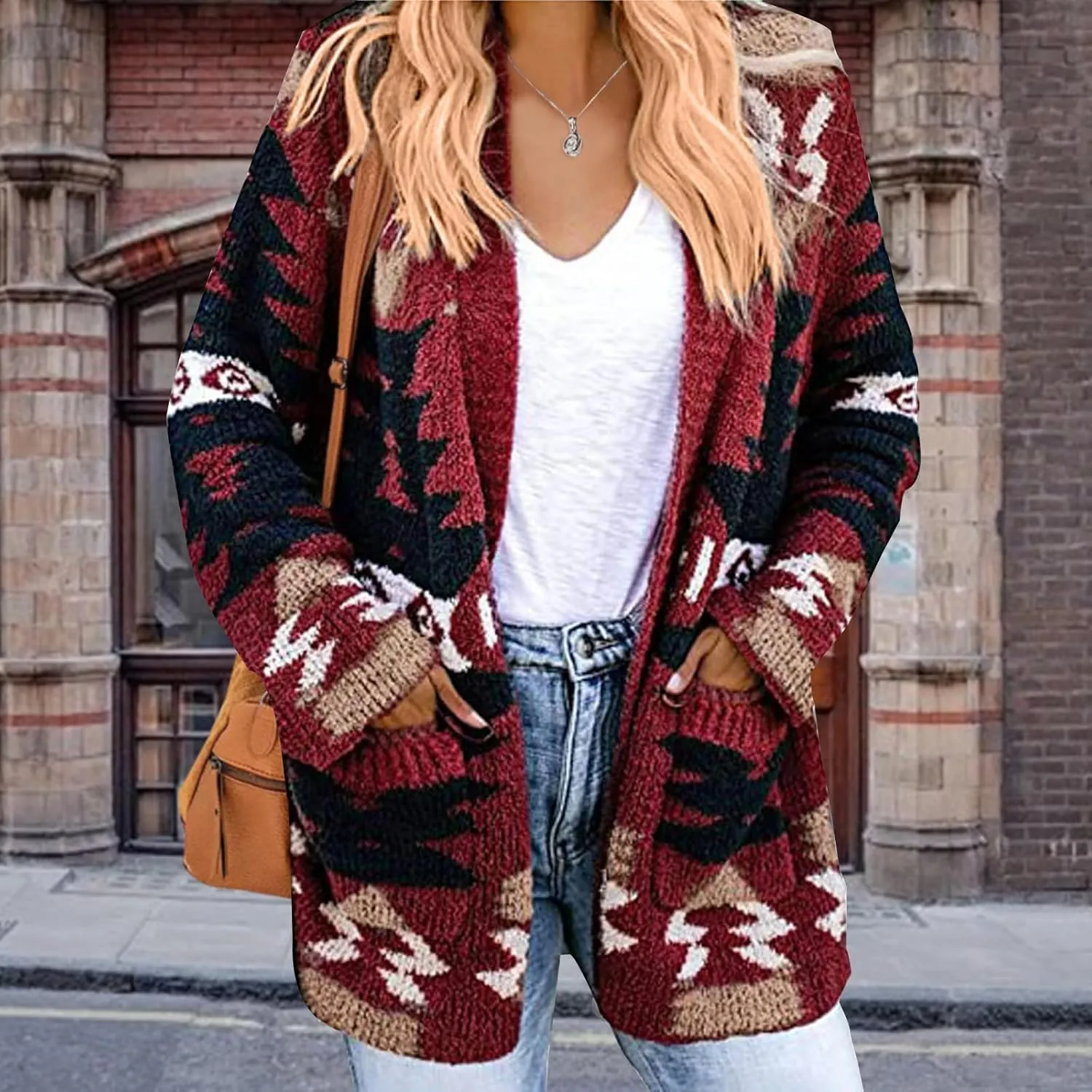 Aztec Cardigan Sweater for Women Long Sleeve Open Front Cardigan Jacket Vintage Western Ethnic Fall Knit Sweater Coat