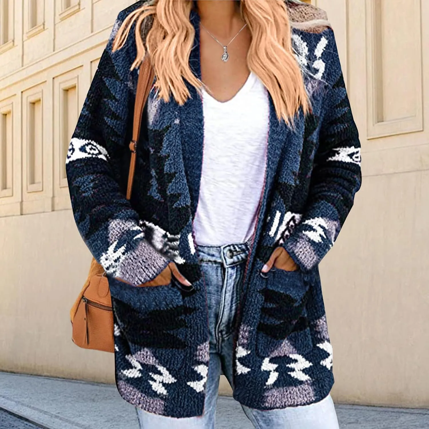 Aztec Cardigan Sweater for Women Long Sleeve Open Front Cardigan Jacket Vintage Western Ethnic Fall Knit Sweater Coat