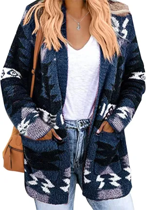 Aztec Cardigan Sweater for Women Long Sleeve Open Front Cardigan Jacket Vintage Western Ethnic Fall Knit Sweater Coat