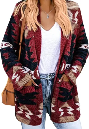Aztec Cardigan Sweater for Women Long Sleeve Open Front Cardigan Jacket Vintage Western Ethnic Fall Knit Sweater Coat