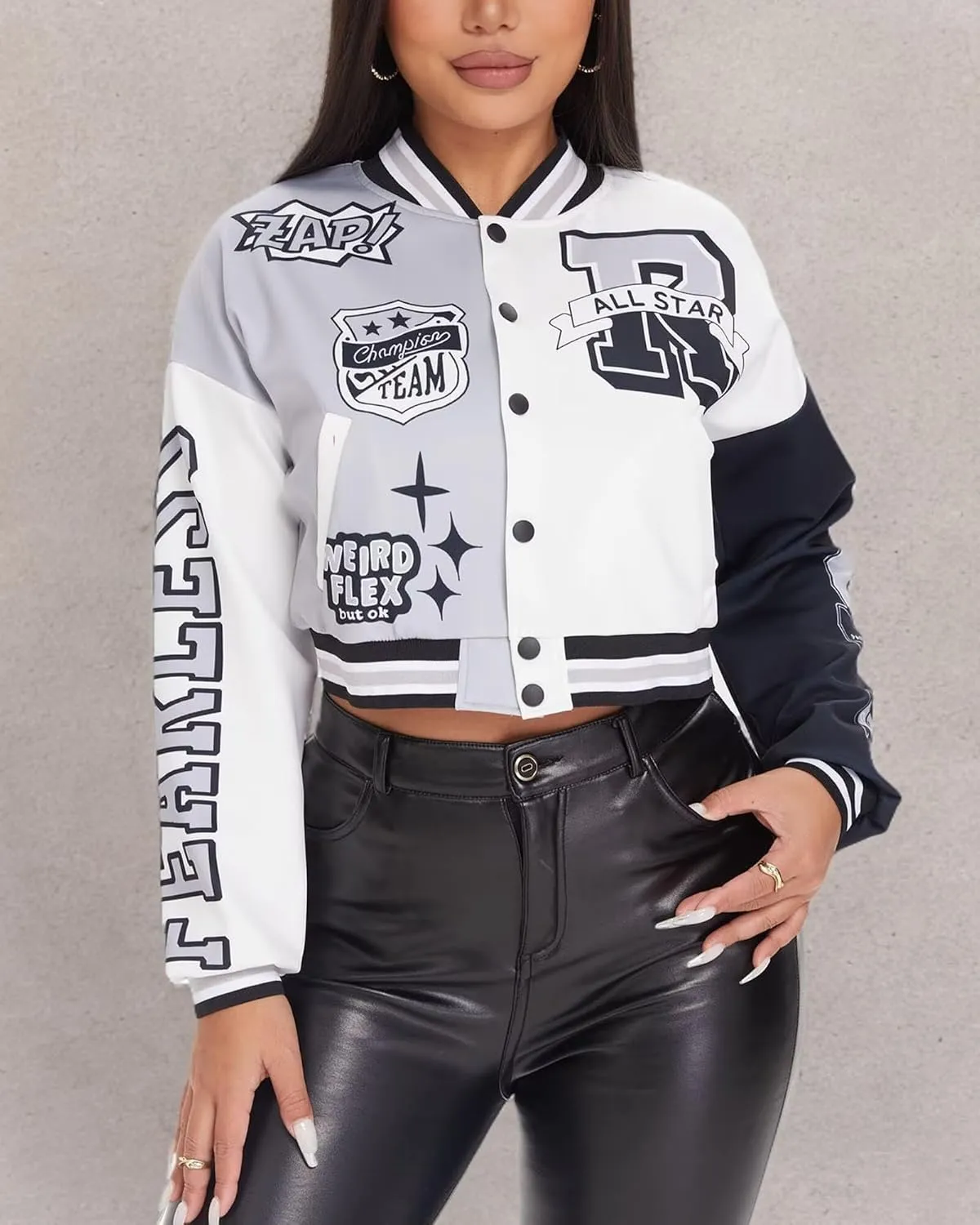 babyhealthy Womens Crop Varsity Jacket Stitched Leather Baseball Bomber Jacket Y2K Streetwear Short Coat