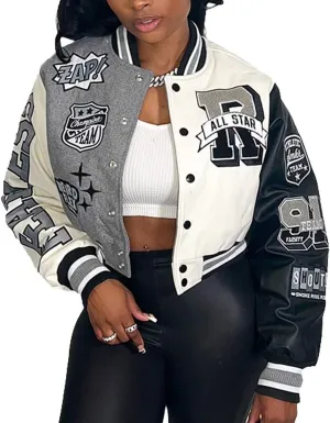 babyhealthy Womens Crop Varsity Jacket Stitched Leather Baseball Bomber Jacket Y2K Streetwear Short Coat