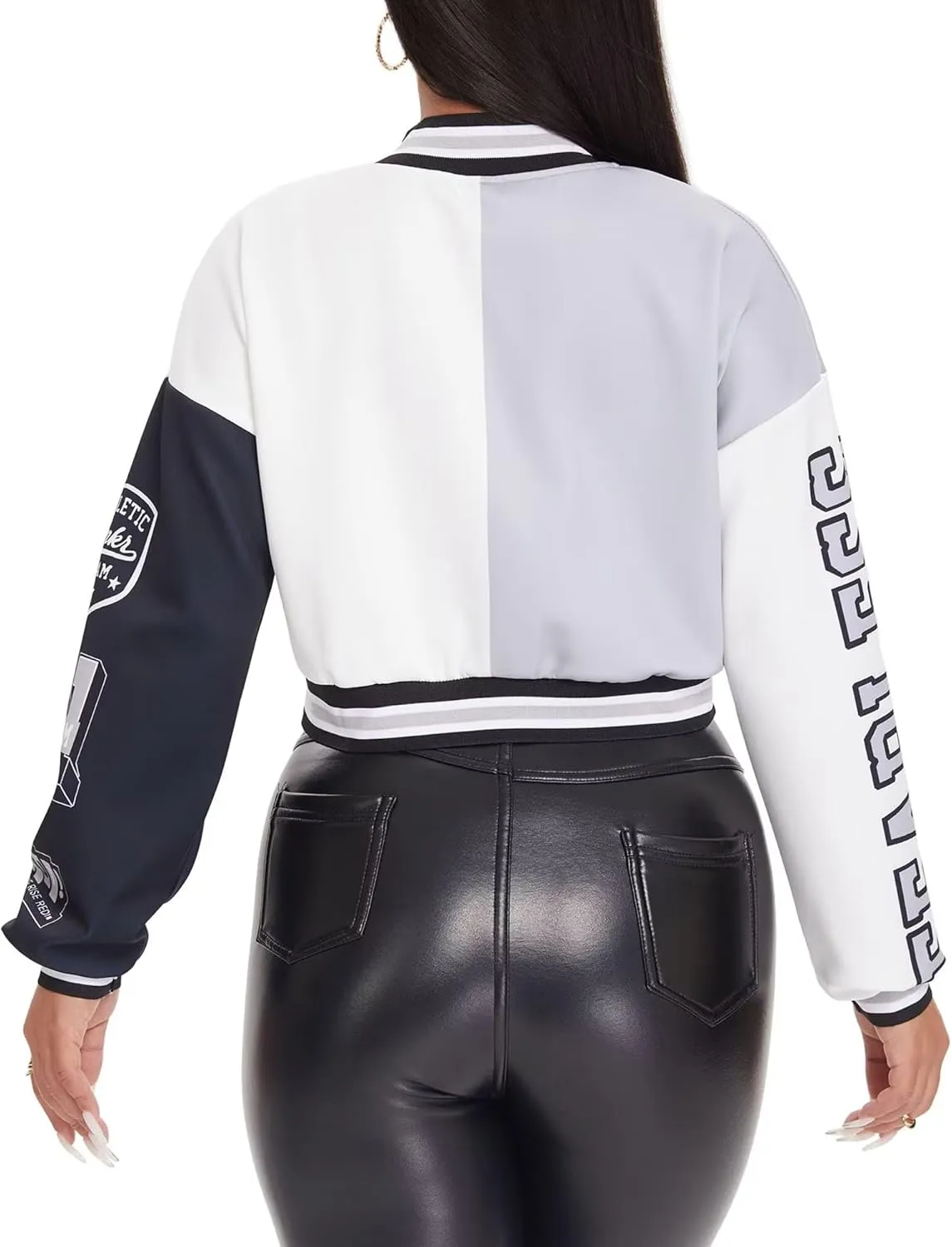 babyhealthy Womens Crop Varsity Jacket Stitched Leather Baseball Bomber Jacket Y2K Streetwear Short Coat