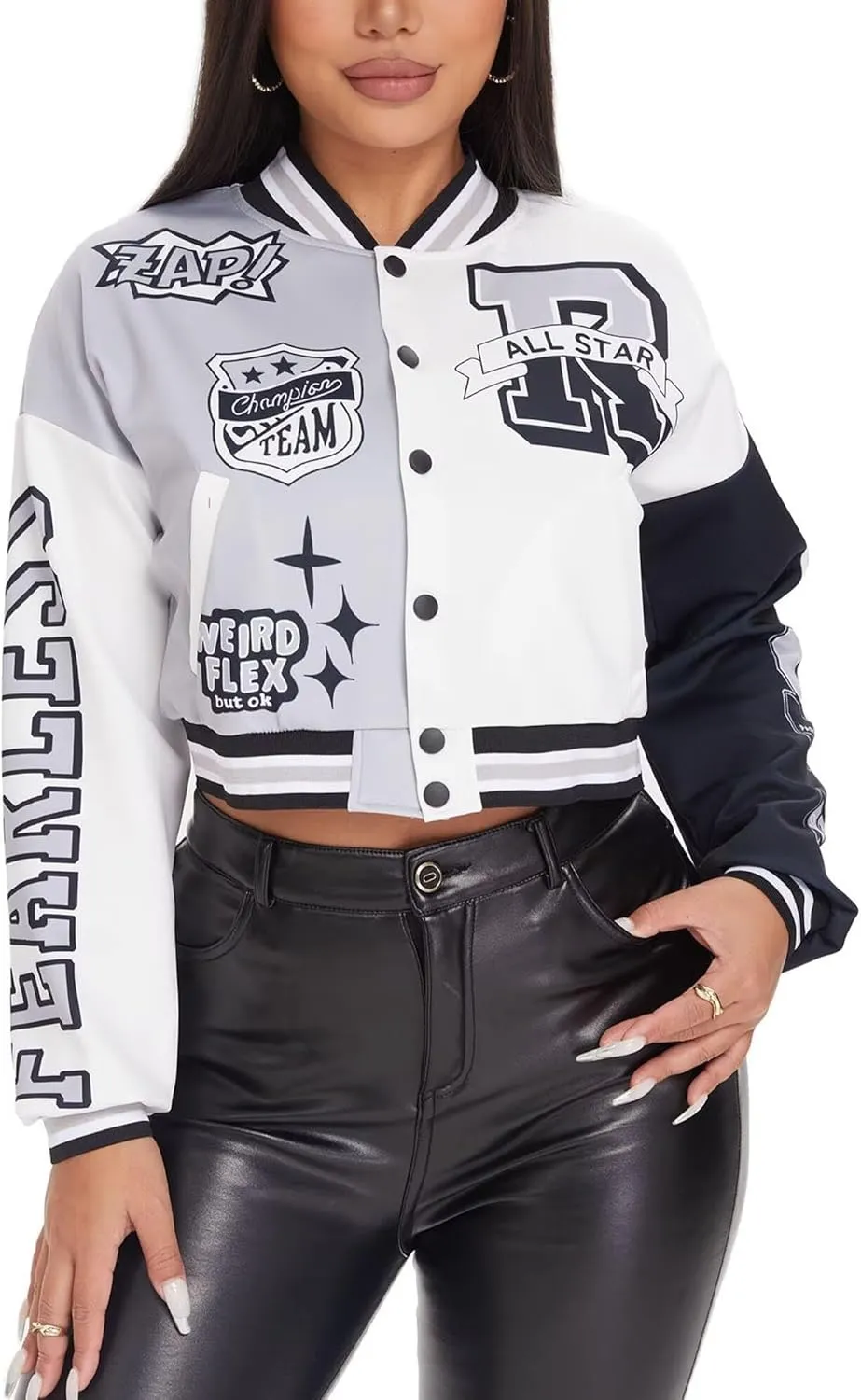 babyhealthy Womens Crop Varsity Jacket Stitched Leather Baseball Bomber Jacket Y2K Streetwear Short Coat