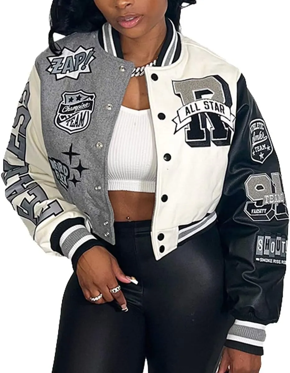 babyhealthy Womens Crop Varsity Jacket Stitched Leather Baseball Bomber Jacket Y2K Streetwear Short Coat