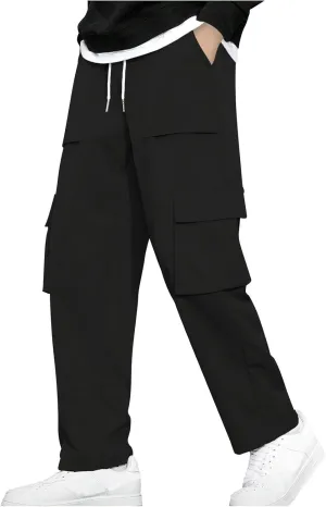 Baggy Straight Leg Cargo Pants for Men Drawstring Waist Work Pants with Pockets Spring Fashion Open Bottom Trousers