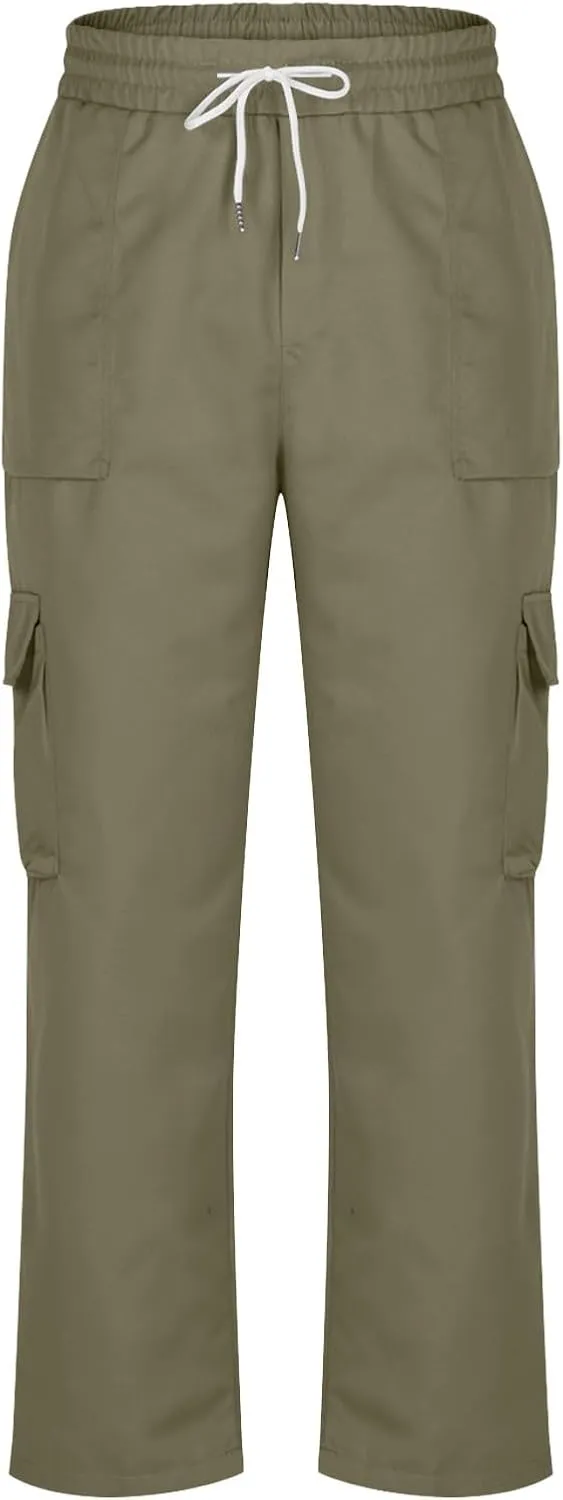 Baggy Straight Leg Cargo Pants for Men Drawstring Waist Work Pants with Pockets Spring Fashion Open Bottom Trousers