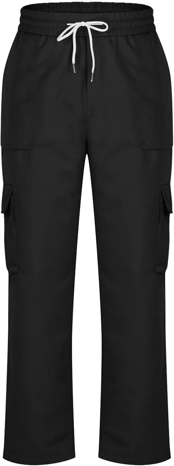 Baggy Straight Leg Cargo Pants for Men Drawstring Waist Work Pants with Pockets Spring Fashion Open Bottom Trousers