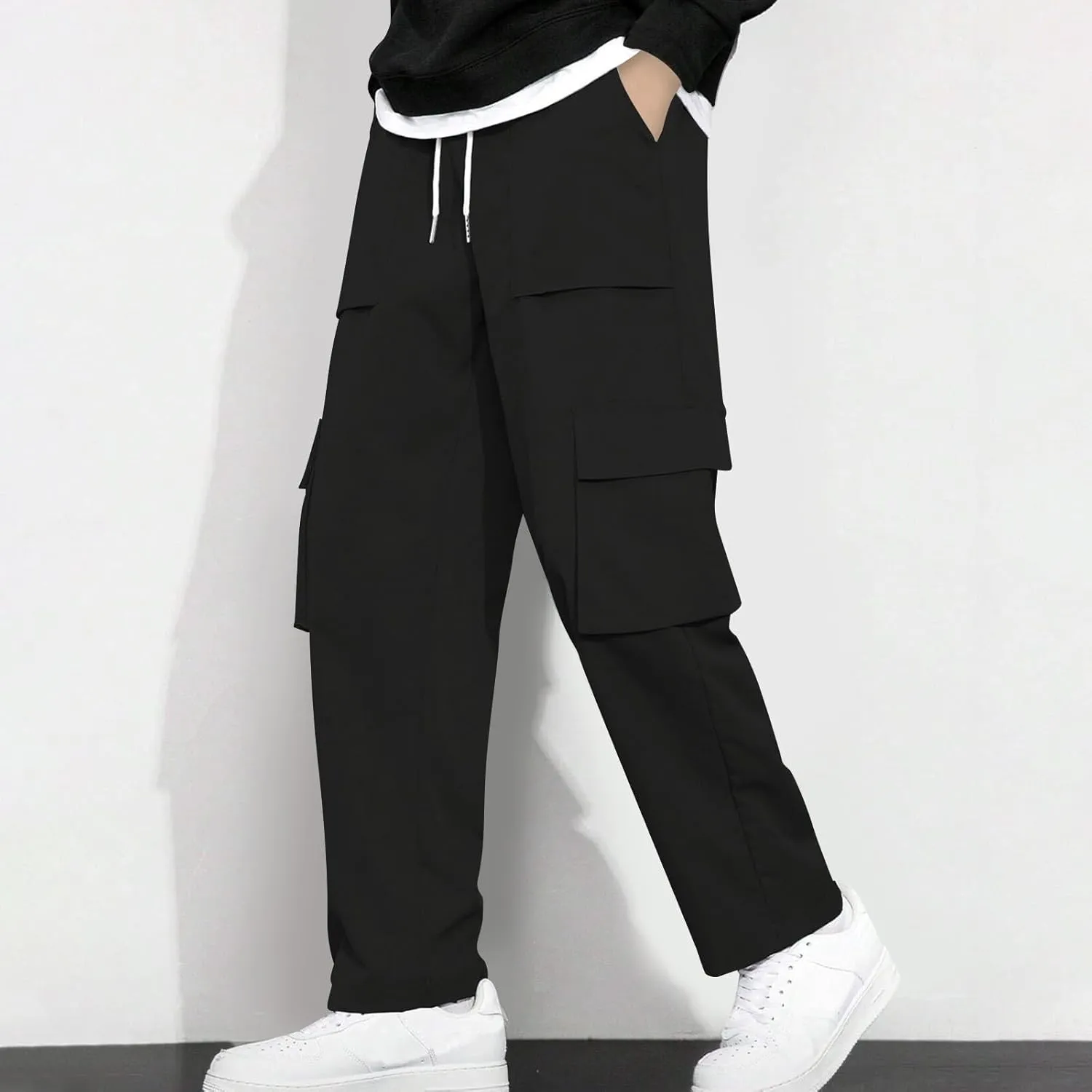 Baggy Straight Leg Cargo Pants for Men Drawstring Waist Work Pants with Pockets Spring Fashion Open Bottom Trousers
