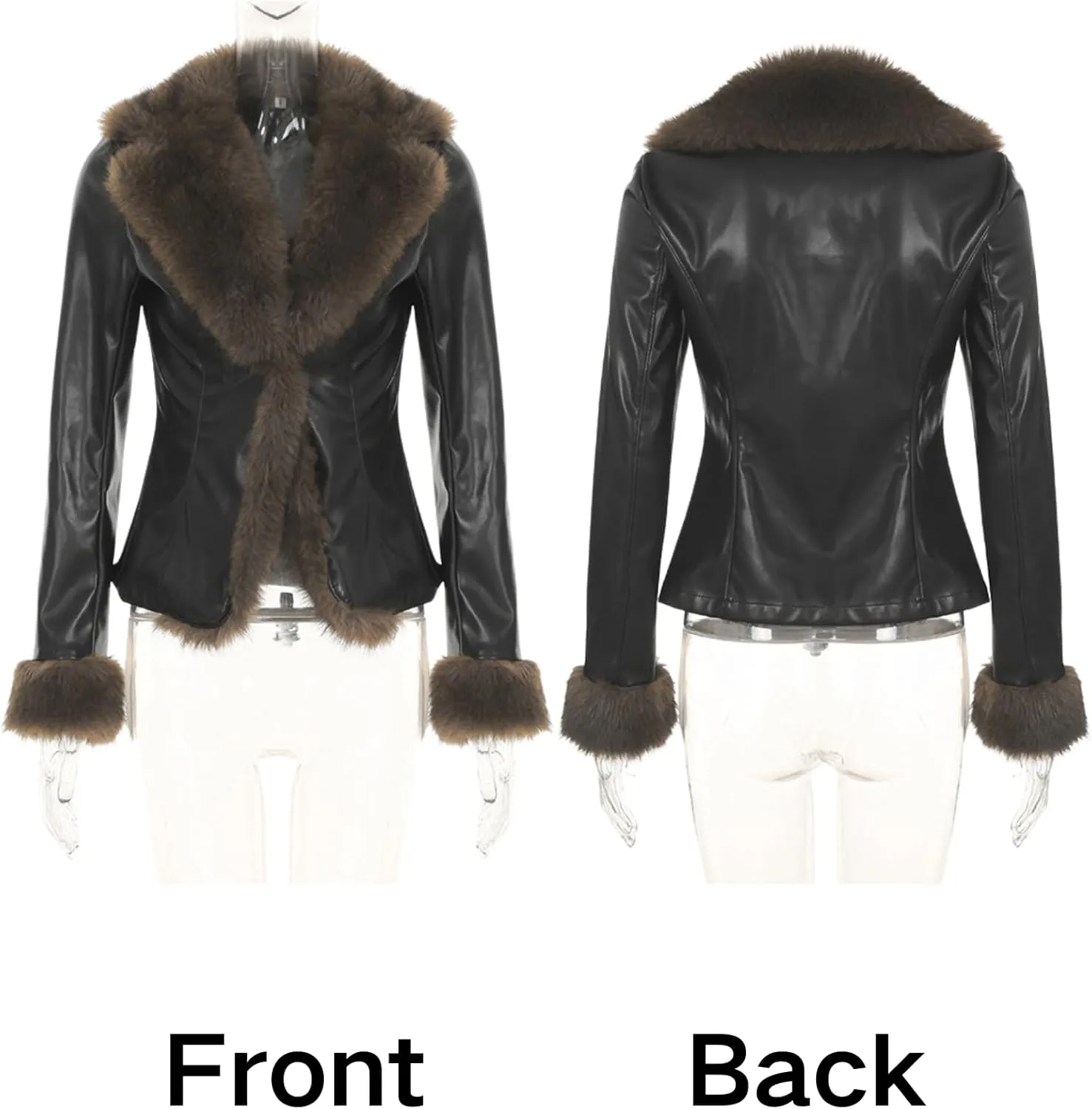 BAIMORE Women's Winter Fluffy Fur Trim Lapel Button Warm Motorcycle Faux Leather Jacket