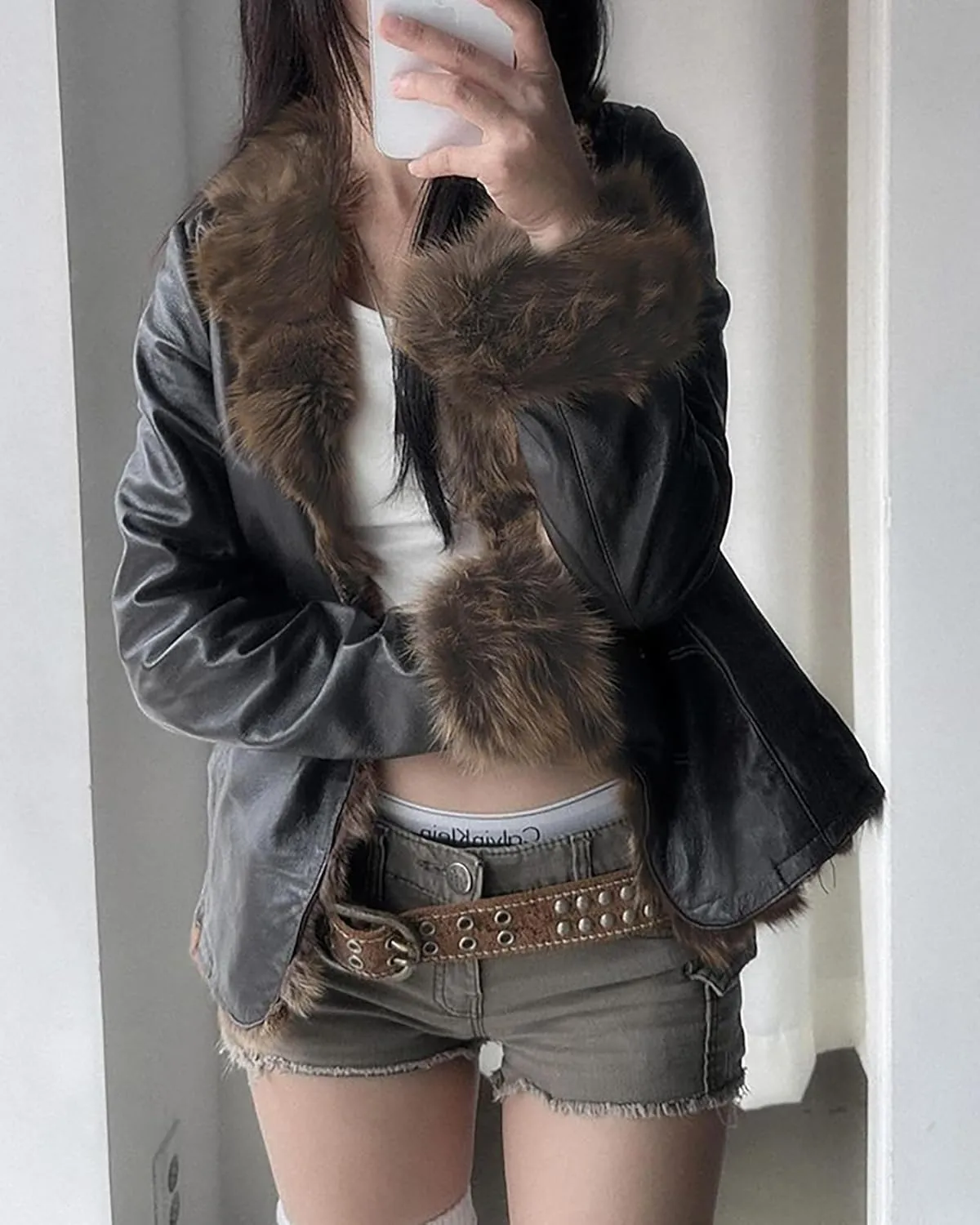 BAIMORE Women's Winter Fluffy Fur Trim Lapel Button Warm Motorcycle Faux Leather Jacket