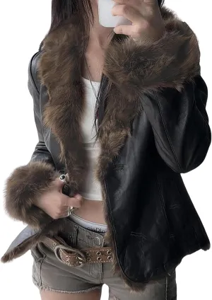 BAIMORE Women's Winter Fluffy Fur Trim Lapel Button Warm Motorcycle Faux Leather Jacket