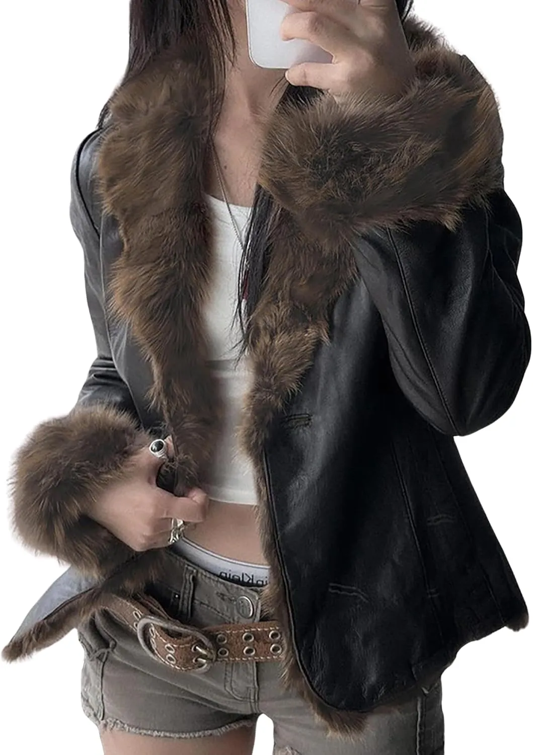 BAIMORE Women's Winter Fluffy Fur Trim Lapel Button Warm Motorcycle Faux Leather Jacket
