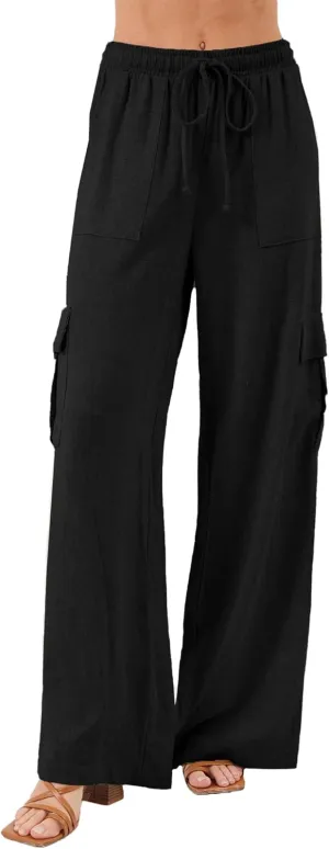 Beautiful Nomad Women's Linen Cargo Pants Casual High Waisted Wide Leg Pant Baggy Trousers with Pockets