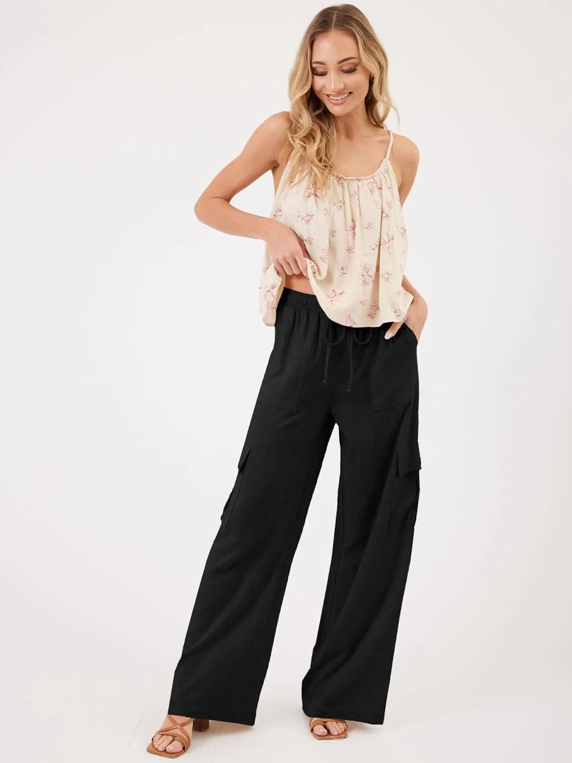 Beautiful Nomad Women's Linen Cargo Pants Casual High Waisted Wide Leg Pant Baggy Trousers with Pockets