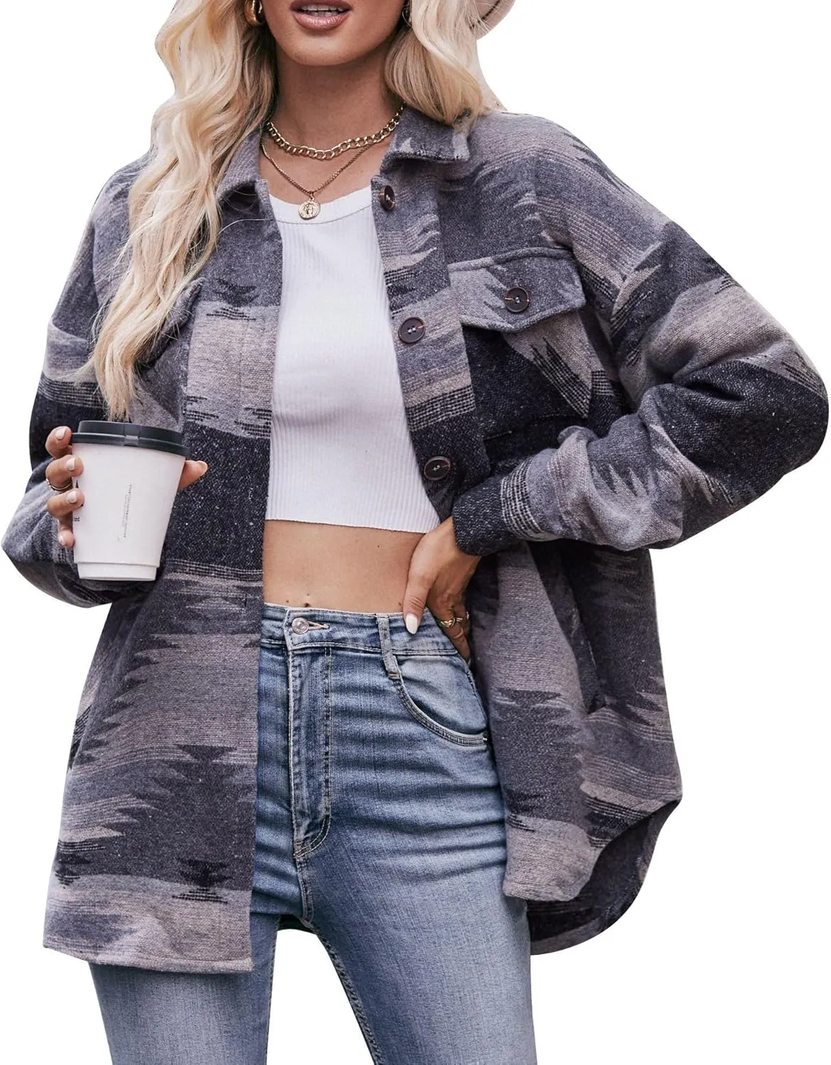 Bengbobar Women's Vintage Aztec Print Pattern Loose Shacket Button Down Long Sleeve Laple Neck Coats Woolen Shirts Jacket
