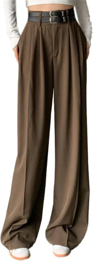 Betusline Women's Dress Pants Solid High Waist Double Belted Wide Leg Trousers