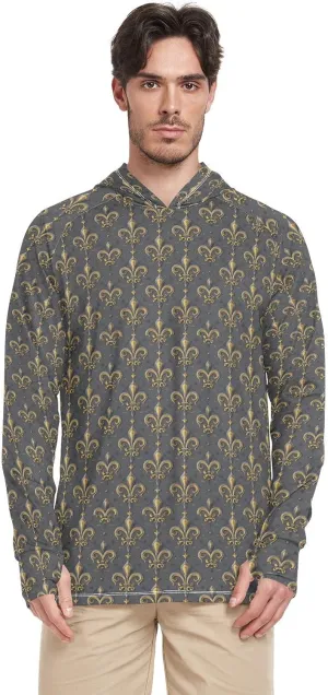 Black and Gold European-Style Pattern Sun Shirt Hoodie for Men Long Sleeve Sun Shirt with Hood UPF 50  Quick Dry Rash Guard Shirts for Men UV Swim Shirt Camisas para Trabajo Manga Larga