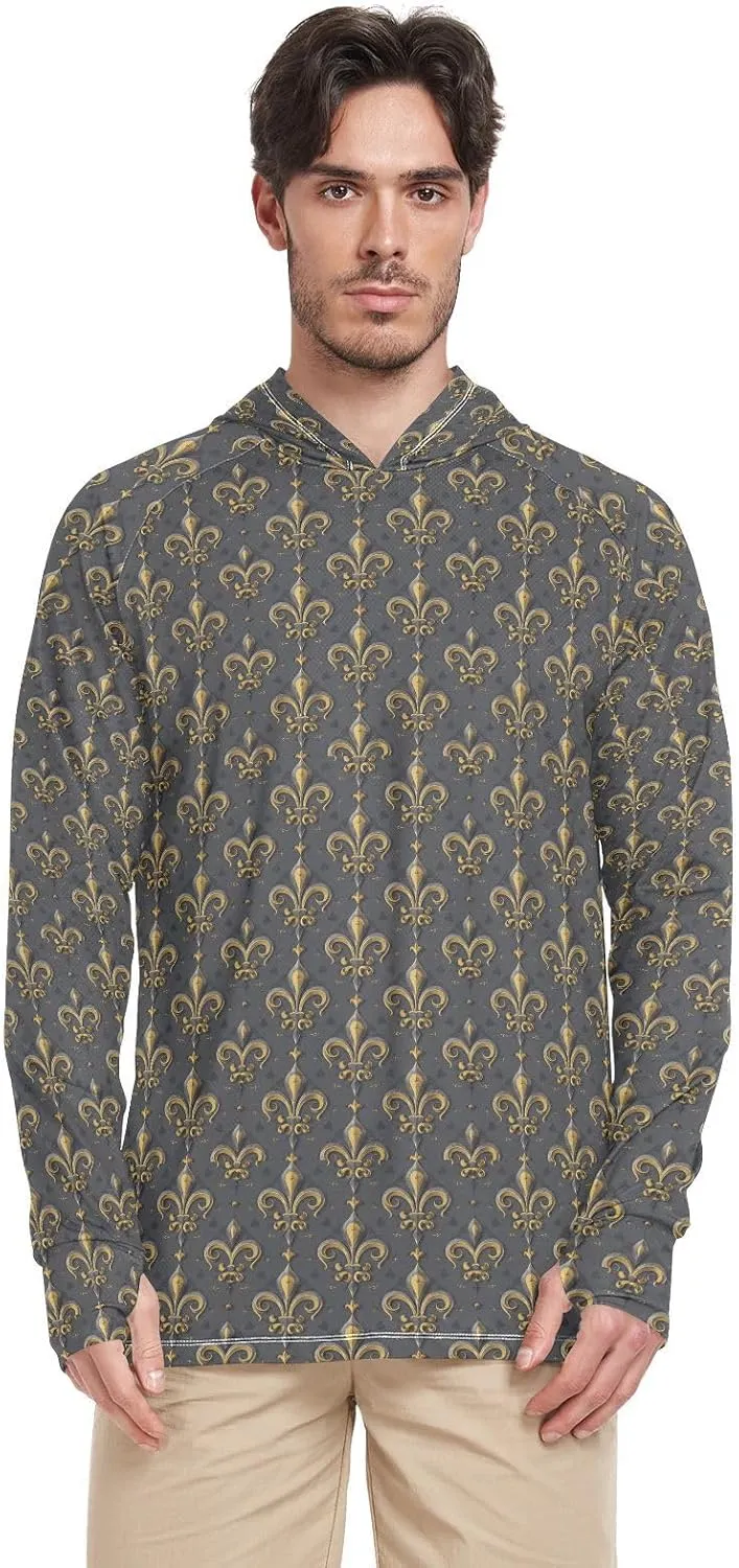 Black and Gold European-Style Pattern Sun Shirt Hoodie for Men Long Sleeve Sun Shirt with Hood UPF 50  Quick Dry Rash Guard Shirts for Men UV Swim Shirt Camisas para Trabajo Manga Larga