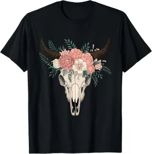 Boho Cow Skull Bohemian Floral Cow Skull T-Shirt