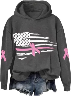 Breast Cancer Awareness Hoodies Women Pink Ribbon American Flag Sweatshirt Casual Long Sleeve Pullover Tops with Hood
