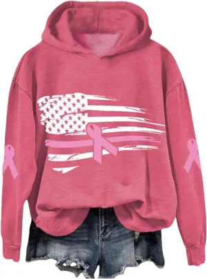 Breast Cancer Awareness Hoodies Women Pink Ribbon American Flag Sweatshirt Casual Long Sleeve Pullover Tops with Hood