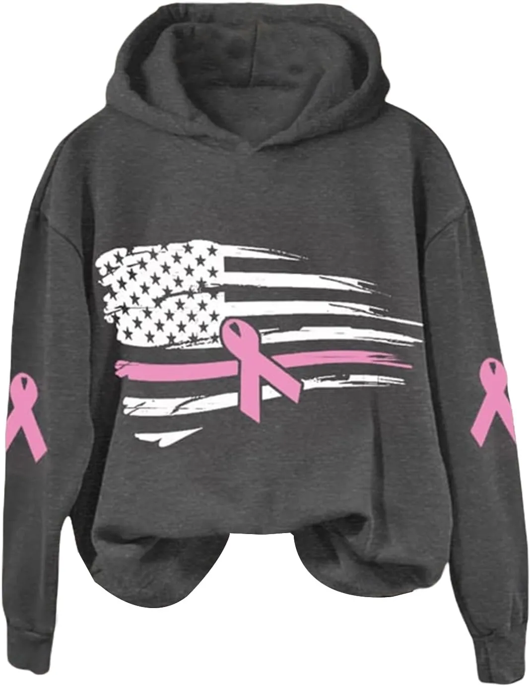Breast Cancer Awareness Hoodies Women Pink Ribbon American Flag Sweatshirt Casual Long Sleeve Pullover Tops with Hood