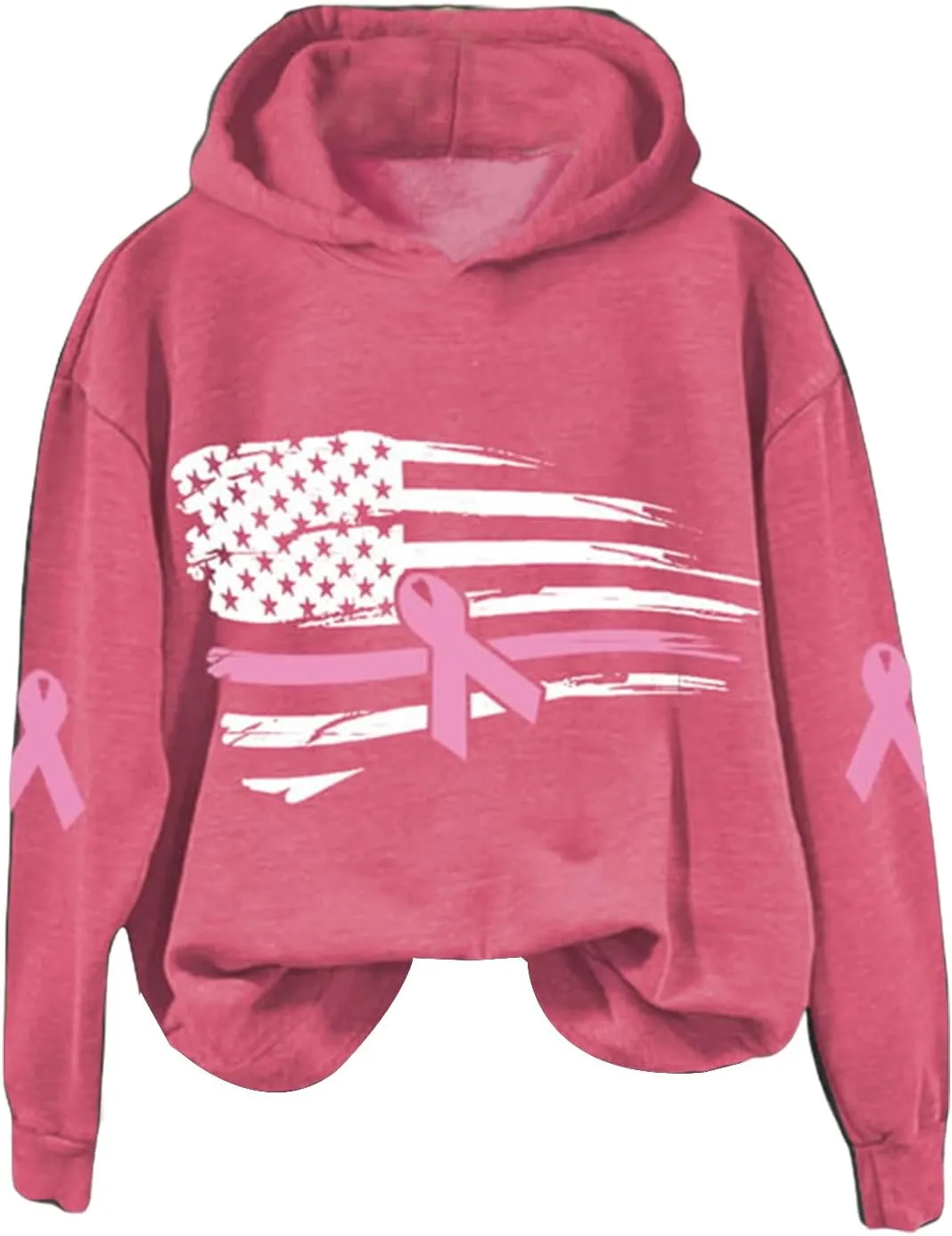 Breast Cancer Awareness Hoodies Women Pink Ribbon American Flag Sweatshirt Casual Long Sleeve Pullover Tops with Hood