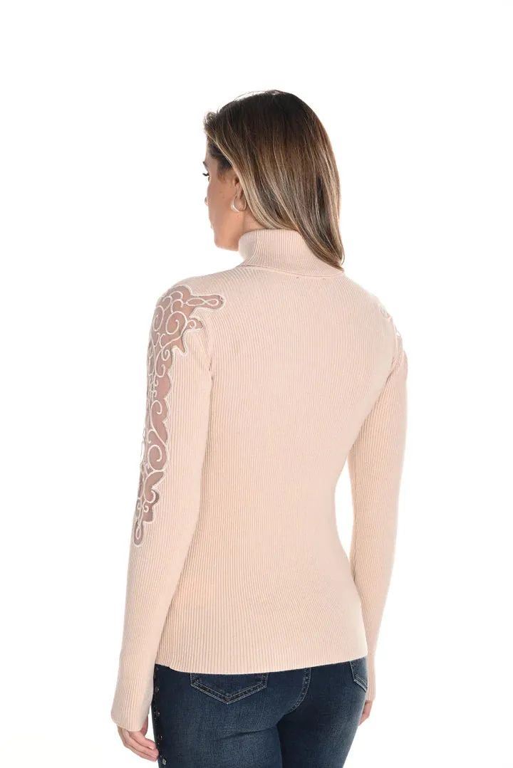 Brixley Beige Turtleneck Sweater with Lace Detailing-Frank Lyman 243438U
