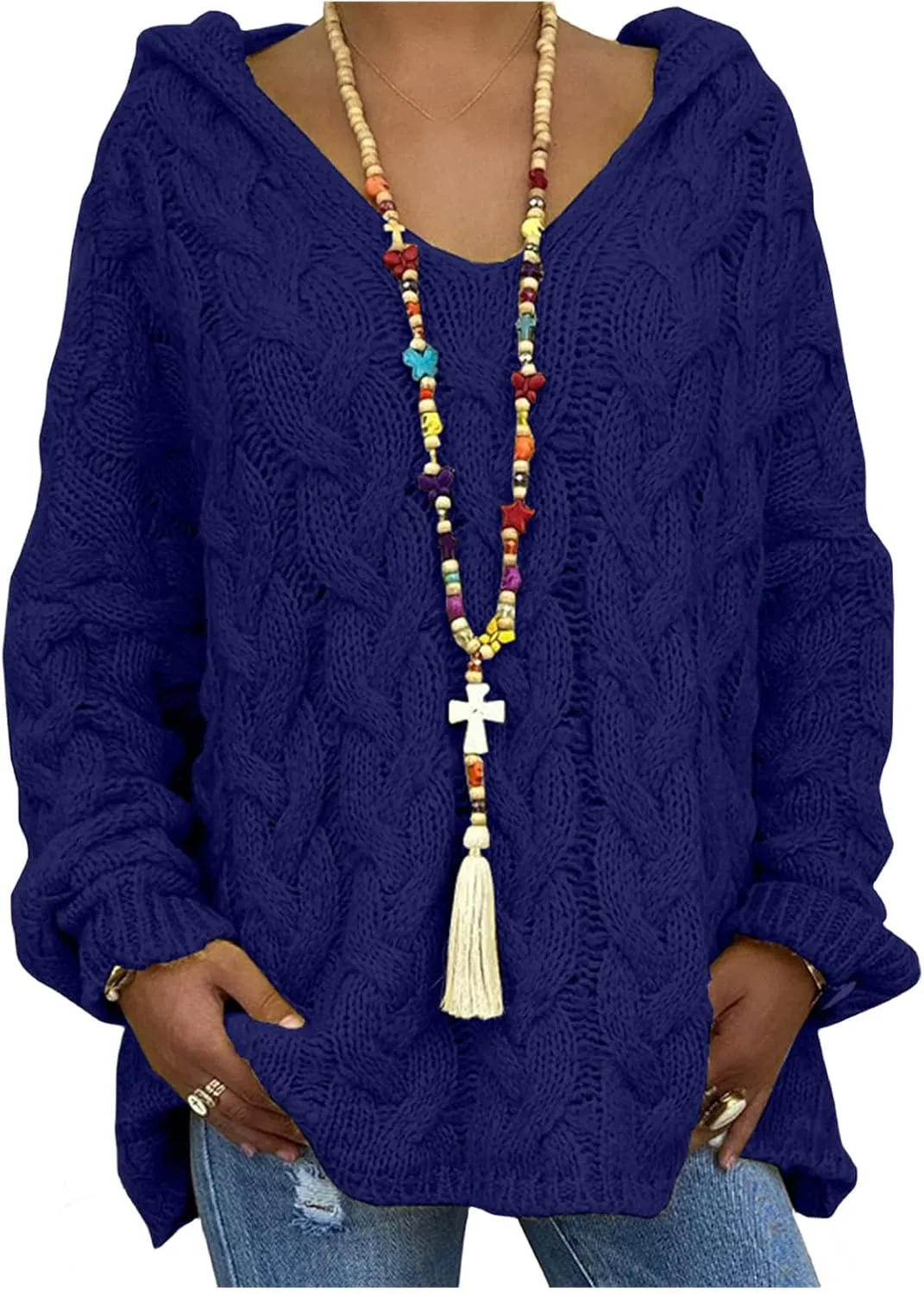 Cable Knit Sweater Women Oversized Hoodie Sweaters Casual Long Sleeve V Neck Pullover Top Loose Hooded Jumper Knitwear