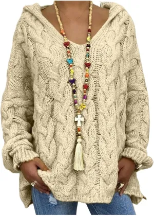 Cable Knit Sweater Women Oversized Hoodie Sweaters Casual Long Sleeve V Neck Pullover Top Loose Hooded Jumper Knitwear
