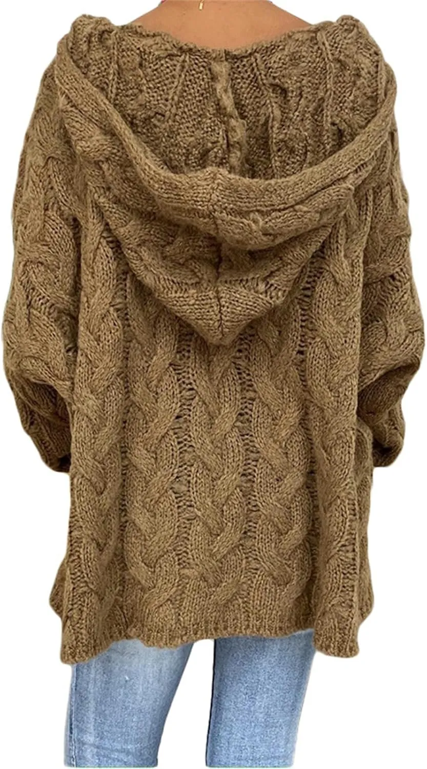 Cable Knit Sweater Women Oversized Hoodie Sweaters Casual Long Sleeve V Neck Pullover Top Loose Hooded Jumper Knitwear