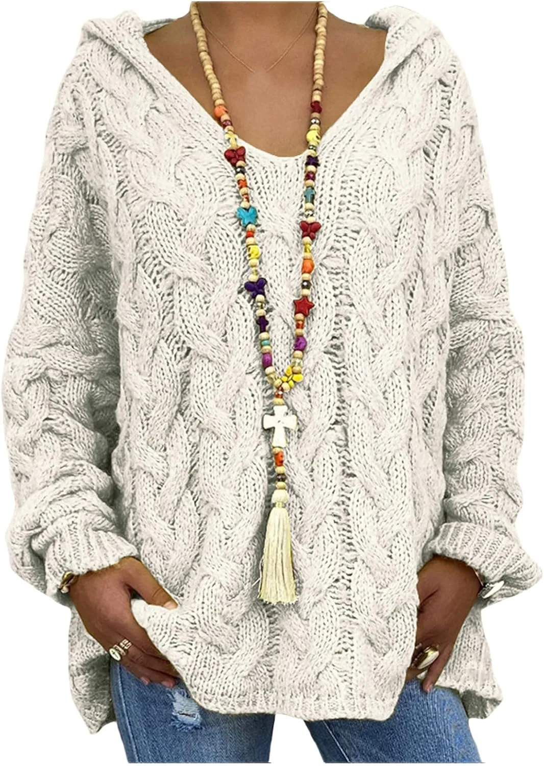 Cable Knit Sweater Women Oversized Hoodie Sweaters Casual Long Sleeve V Neck Pullover Top Loose Hooded Jumper Knitwear