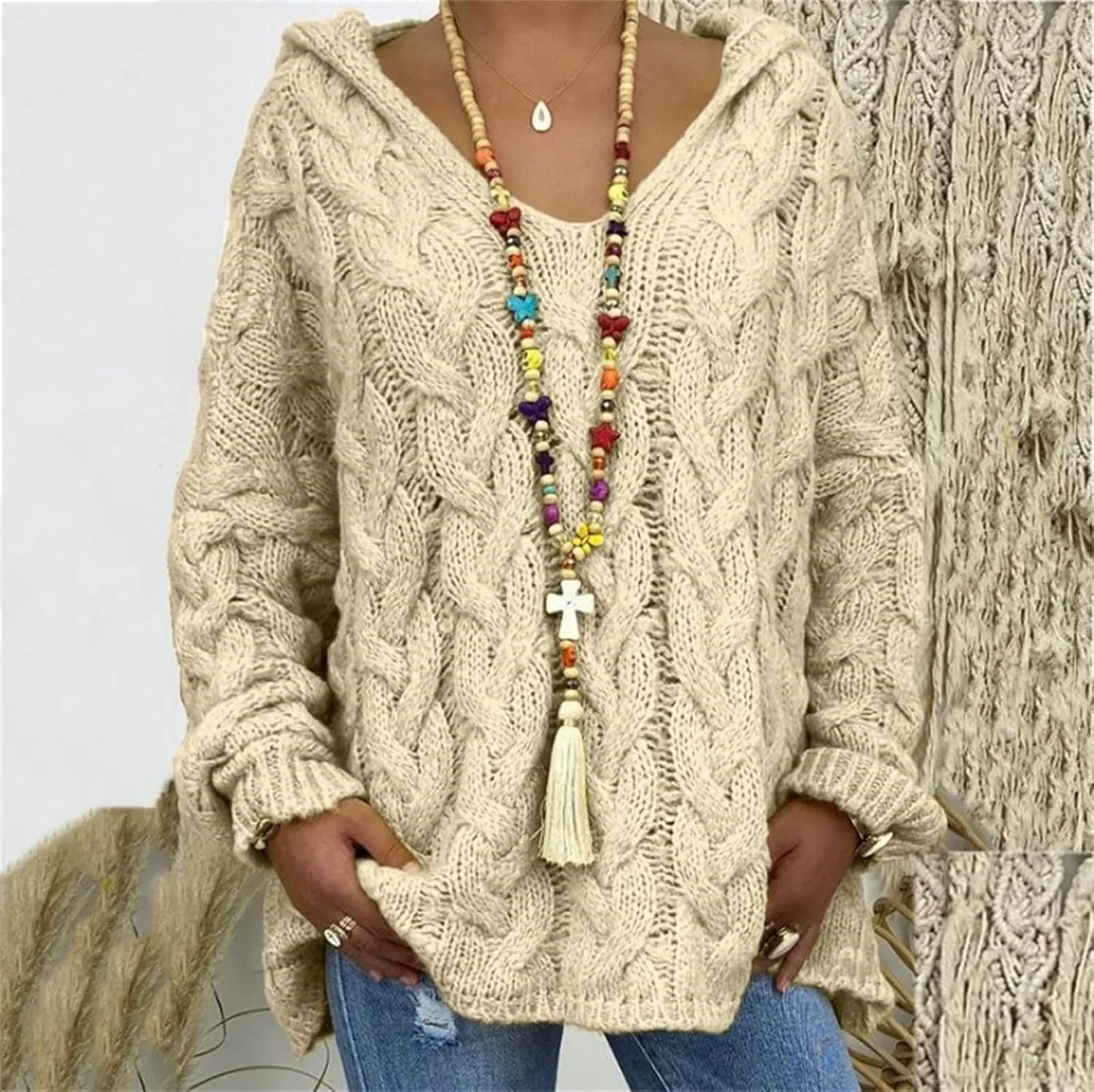 Cable Knit Sweater Women Oversized Hoodie Sweaters Casual Long Sleeve V Neck Pullover Top Loose Hooded Jumper Knitwear