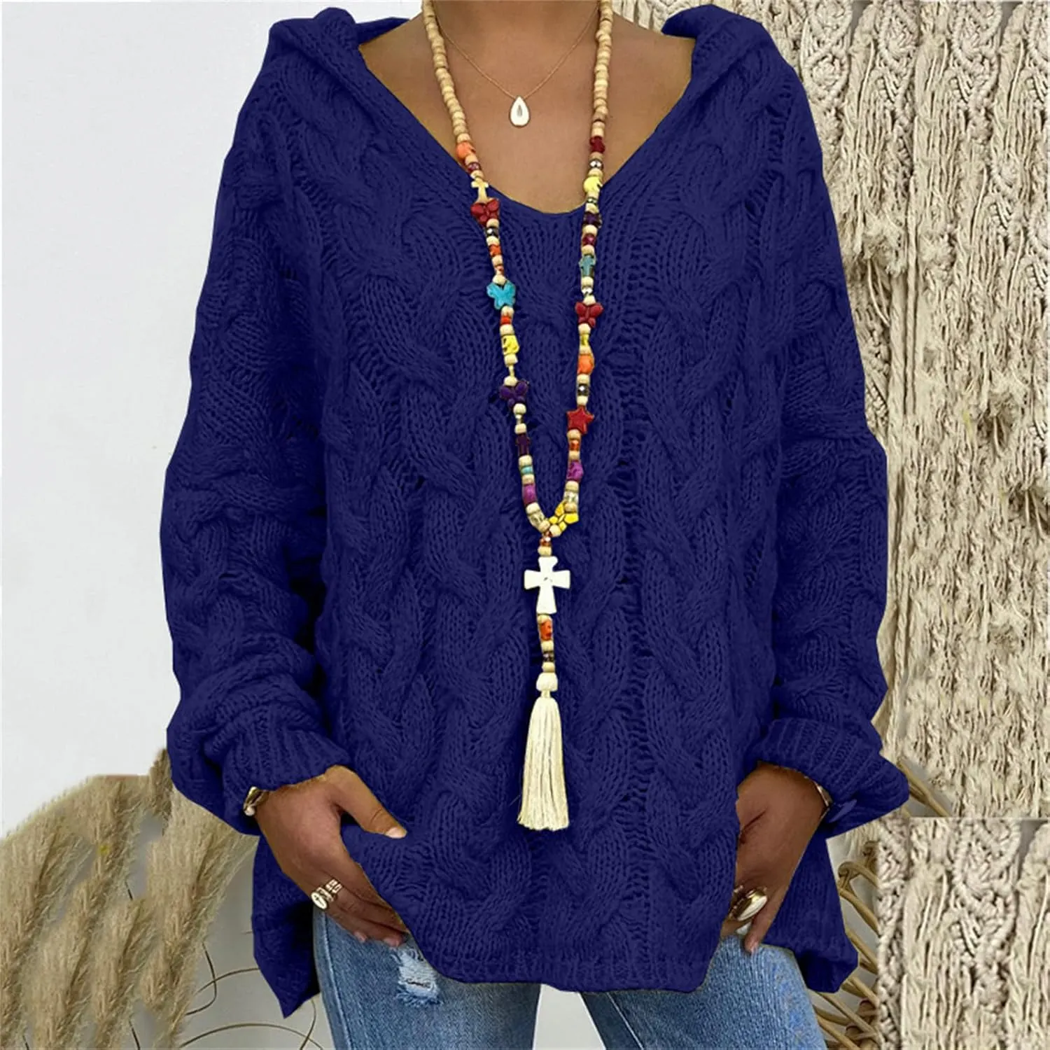 Cable Knit Sweater Women Oversized Hoodie Sweaters Casual Long Sleeve V Neck Pullover Top Loose Hooded Jumper Knitwear