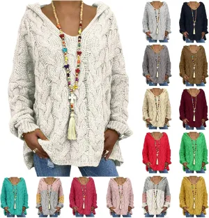 Cable Knit Sweater Women Oversized Hoodie Sweaters Casual Long Sleeve V Neck Pullover Top Loose Hooded Jumper Knitwear