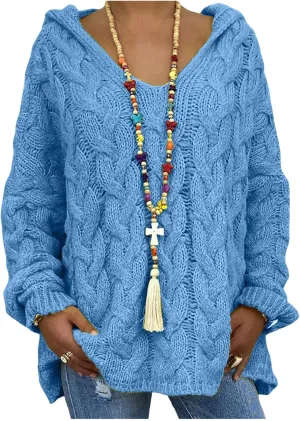 Cable Knit Sweater Women Oversized Hoodie Sweaters Casual Long Sleeve V Neck Pullover Top Loose Hooded Jumper Knitwear