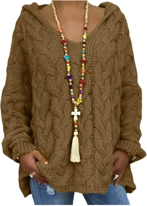 Cable Knit Sweater Women Oversized Hoodie Sweaters Casual Long Sleeve V Neck Pullover Top Loose Hooded Jumper Knitwear