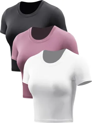 CADMUS Women's Dry Fit Crop Top Yoga Short Sleeve Shirts Crew Neck Athletic Running Tee 3 Pieces