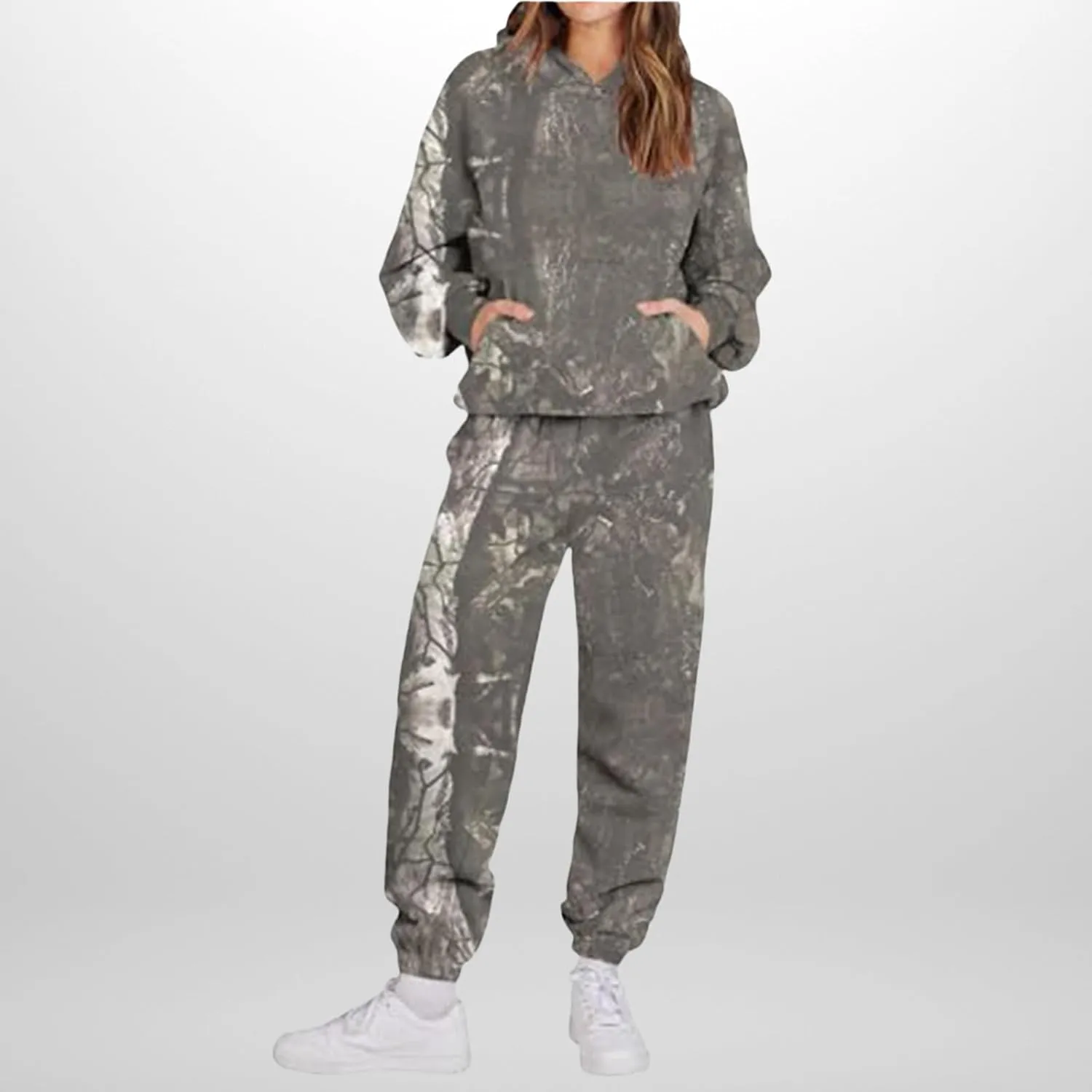 Camo Sweatsuits for Women - 2 Piece Set with Oversized Maple Leaf Print Hooded Sweatshirt & Baggy Camo Sweatpants