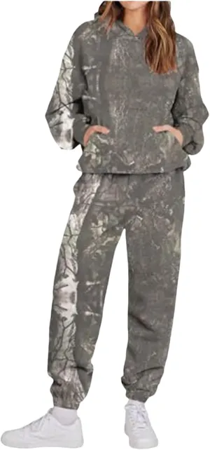 Camo Sweatsuits for Women - 2 Piece Set with Oversized Maple Leaf Print Hooded Sweatshirt & Baggy Camo Sweatpants