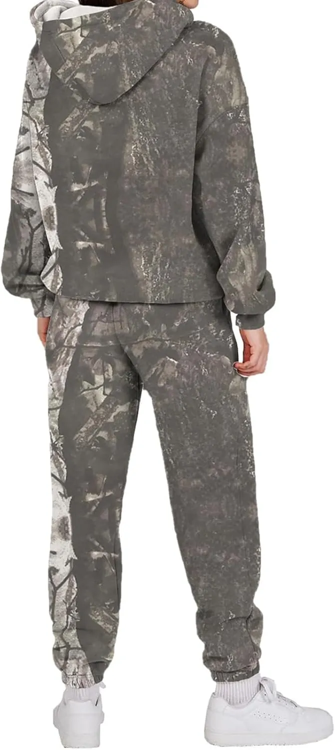 Camo Sweatsuits for Women - 2 Piece Set with Oversized Maple Leaf Print Hooded Sweatshirt & Baggy Camo Sweatpants